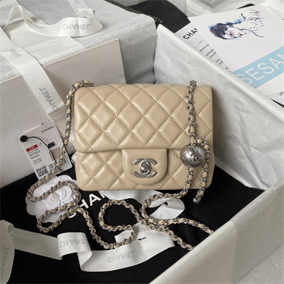 cha.nel S*per mini flap bag lambskin with ball silver tone metal beige as1786