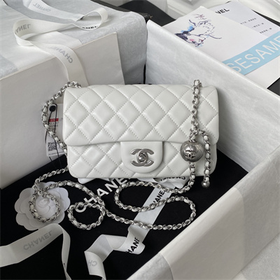 Cha.nel Mini Flap Bag Lambskin With Ball Silver Tone Metal White AS1787