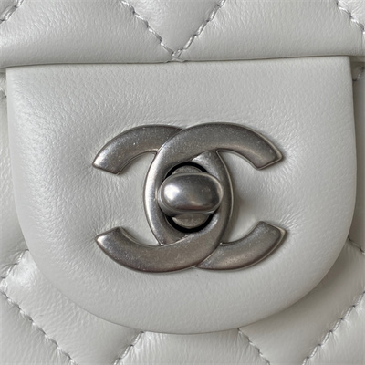 Cha.nel Mini Flap Bag Lambskin With Ball Silver Tone Metal White AS1787