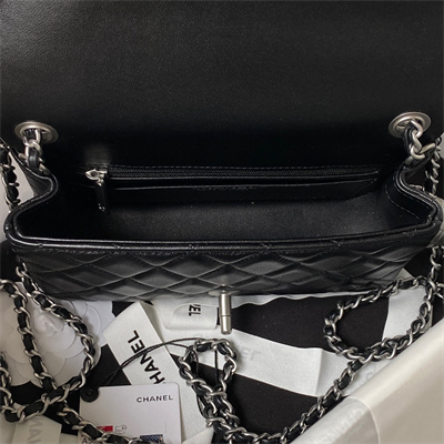 Cha.nel Mini Flap Bag Lambskin With Ball Silver Tone Metal Black AS1787