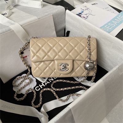 Cha.nel Mini Flap Bag Lambskin With Ball Silver Tone Metal Beige AS1787