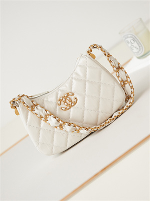 Cha.nel Mini Hobo Bag Aged Calfskin Gold Tone Metal White AS3647