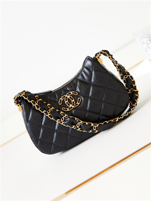 Cha.nel Mini Hobo Bag Aged Calfskin Gold Tone Metal Black AS3647
