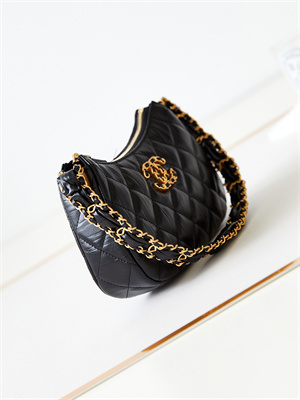 Cha.nel Mini Hobo Bag Aged Calfskin Gold Tone Metal Black AS3647
