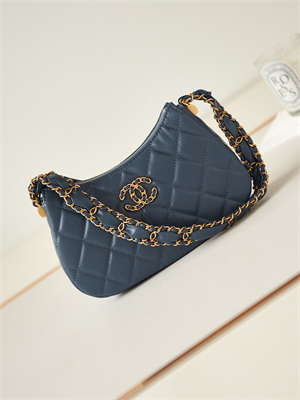 Cha.nel Mini Hobo Bag Aged Calfskin Gold Tone Metal Navy AS3647