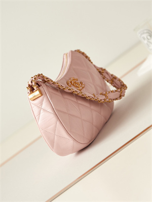 Cha.nel Hobo Bag Aged Calfskin Gold Tone Metal Pink AS4422