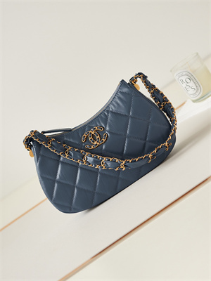 Cha.nel Hobo Bag Aged Calfskin Gold Tone Metal Navy AS4422