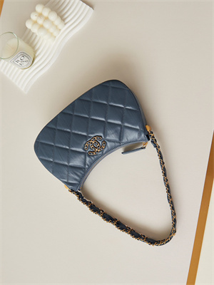 Cha.nel Hobo Bag Aged Calfskin Gold Tone Metal Navy AS4422