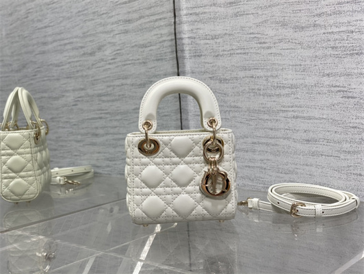 CD Micro Lady Di.or Bag Cannage Lambskin Gold Tone Metal White