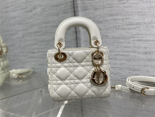CD Micro Lady Di.or Bag Cannage Lambskin Gold Tone Metal White