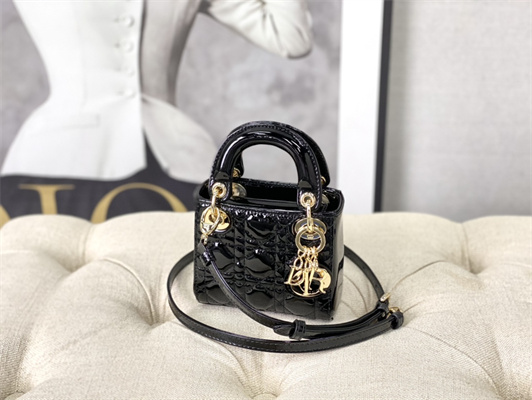 CD Micro Lady Di.or Bag Patent Cannage Calfskin Gold Tone Metal Black