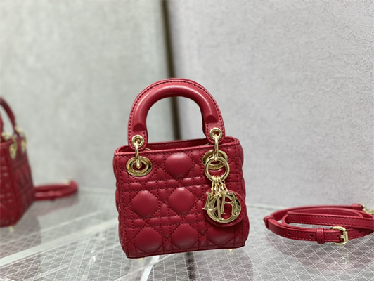CD Micro Lady Di.or Bag Cannage Lambskin Gold Tone Metal Red