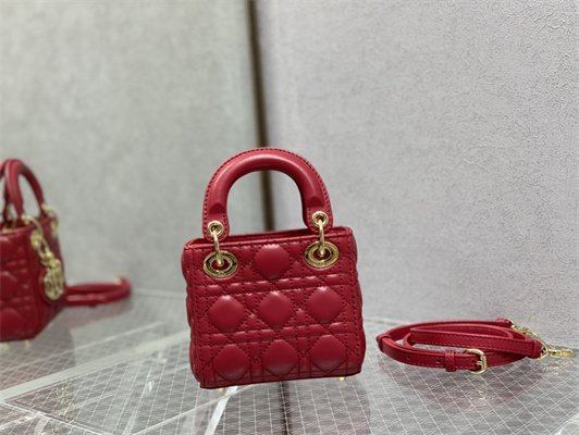 CD Micro Lady Di.or Bag Cannage Lambskin Gold Tone Metal Red