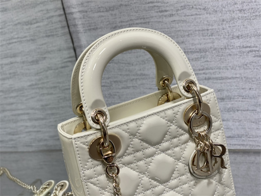 CD Mini Lady Di.or Bag Patent Cannage Calfskin  Gold Tone Metal White
