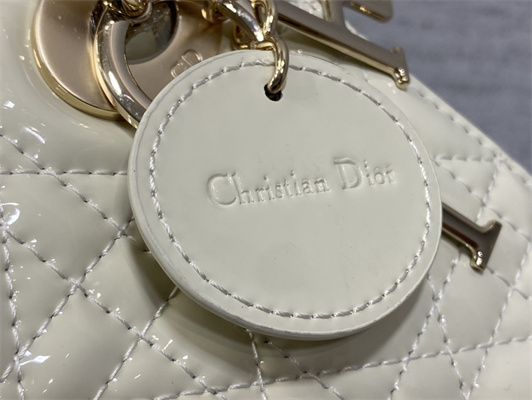 CD Mini Lady Di.or Bag Patent Cannage Calfskin  Gold Tone Metal White