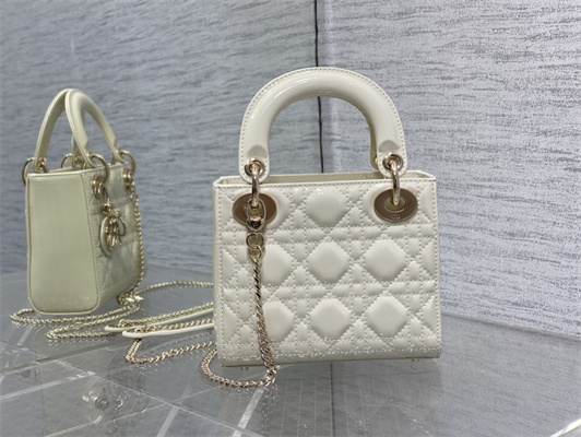 CD Mini Lady Di.or Bag Patent Cannage Calfskin  Gold Tone Metal White