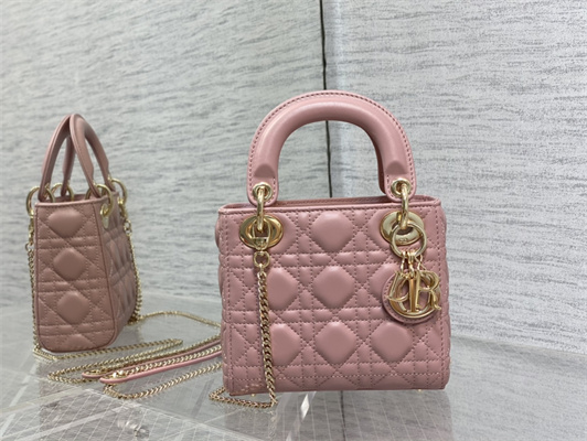 CD Mini Lady Di.or Bag Cannage Lambskin Gold Tone Metal Antique-Pink
