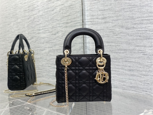 CD Mini Lady Di.or Bag Cannage Grained Calfskin Gold Tone Metal Black