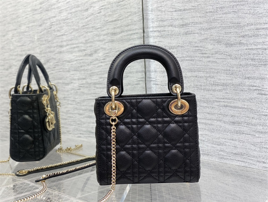 CD Mini Lady Di.or Bag Cannage Grained Calfskin Gold Tone Metal Black