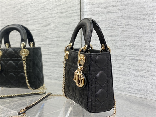 CD Mini Lady Di.or Bag Cannage Grained Calfskin Gold Tone Metal Black