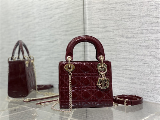 CD Mini Lady Di.or Bag Patent Cannage Calfskin Gold Tone Metal Burgundy