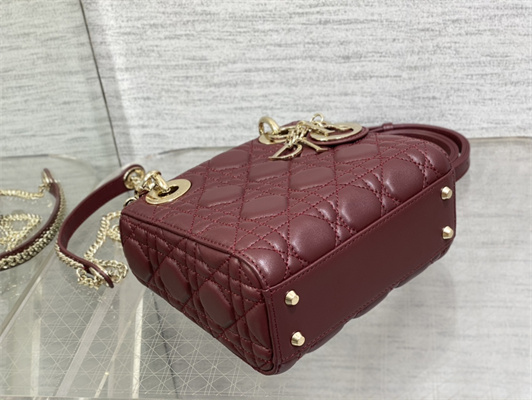 CD Mini Lady Di.or Bag Cannage Lambskin Gold Tone Metal Burgundy