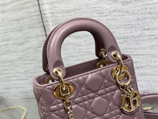 CD Mini Lady Di.or Bag Cannage Lambskin Gold Tone Metal Peony Pink