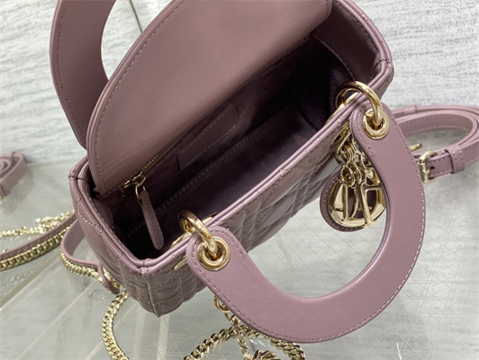 CD Mini Lady Di.or Bag Cannage Lambskin Gold Tone Metal Peony Pink