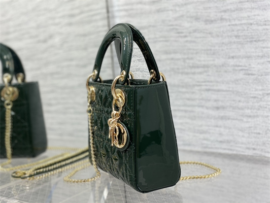 CD Mini Lady Di.or Bag Patent Cannage Calfskin Gold Tone Metal Dk Green