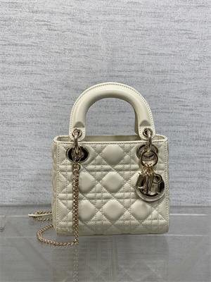 CD Mini Lady Di.or Bag Cannage Grained Calfskin Gold Tone Metal Cream