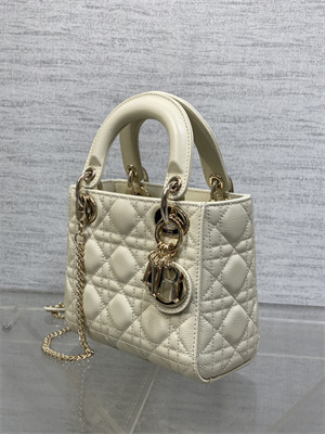 CD Mini Lady Di.or Bag Cannage Grained Calfskin Gold Tone Metal Cream