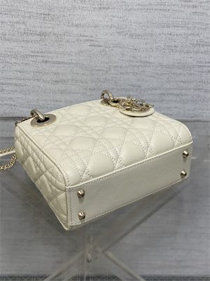 CD Mini Lady Di.or Bag Cannage Grained Calfskin Gold Tone Metal Cream