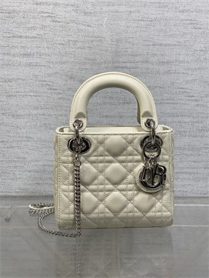 CD Mini Lady Di.or Bag Cannage Grained Calfskin Silver Tone Metal Cream