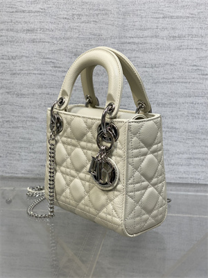 CD Mini Lady Di.or Bag Cannage Grained Calfskin Silver Tone Metal Cream