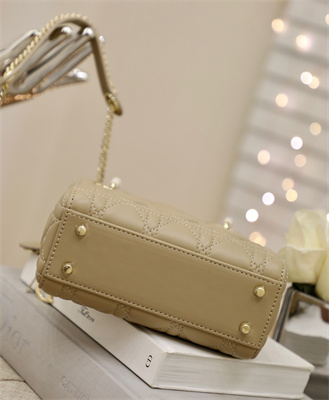 CD Mini Lady Di.or Bag Cannage Lambskin Enamel Charms Gold Tone Metal Beige