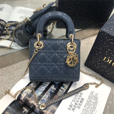 CD Mini Lady Di.or Bag Patent Cannage Calfskin Gold Tone Metal Dk Blue