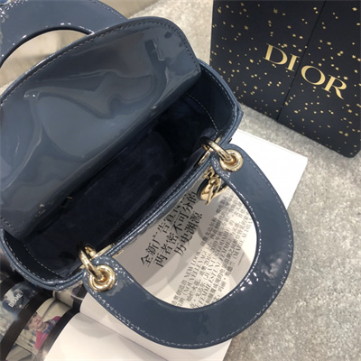 CD Mini Lady Di.or Bag Patent Cannage Calfskin Gold Tone Metal Dk Blue