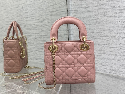 CD Mini Lady Di.or Bag Cannage Grained Calfskin Gold Tone Metal Pink
