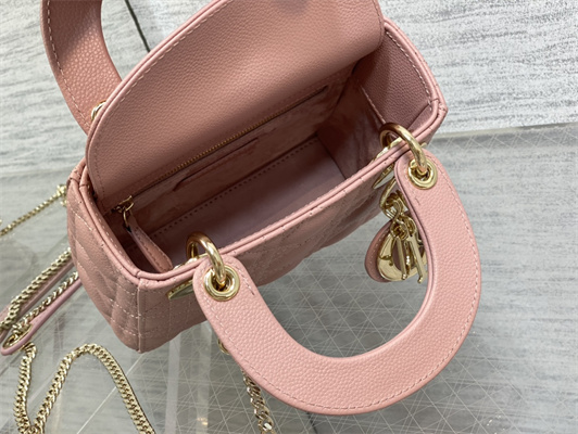 CD Mini Lady Di.or Bag Cannage Grained Calfskin Gold Tone Metal Pink