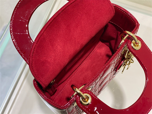 CD Mini Lady Di.or Bag Patent Cannage Calfskin Gold Tone Metal Cherry Red