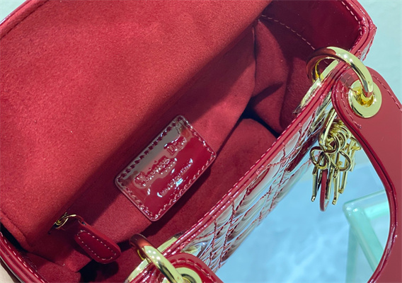 CD Mini Lady Di.or Bag Patent Cannage Calfskin Gold Tone Metal Cherry Red