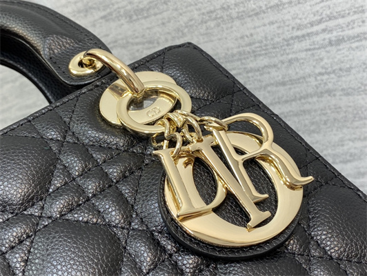 CD Small Lady Di.or Bag Cannage Grained Calfskin Gold Tone Metal Black
