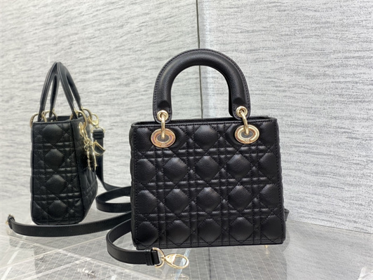 CD Small Lady Di.or Bag Cannage Grained Calfskin Gold Tone Metal Black