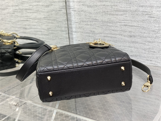 CD Small Lady Di.or Bag Cannage Grained Calfskin Gold Tone Metal Black