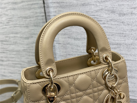 CD Small Lady Di.or Bag Cannage Grained Calfskin Gold Tone Metal  Beige