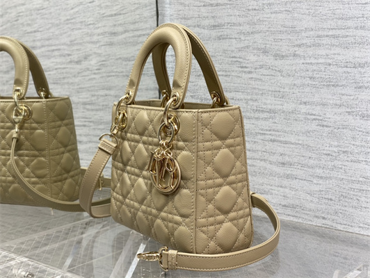 CD Small Lady Di.or Bag Cannage Grained Calfskin Gold Tone Metal  Beige