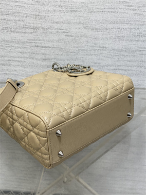 CD Small Lady Di.or Bag Cannage Grained Calfskin Silver Tone Metal Beige