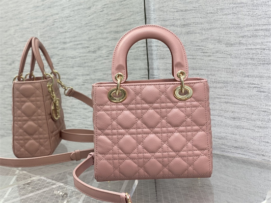 CD Small Lady Di.or Bag Cannage Grained Calfskin Gold Tone Metal Pink
