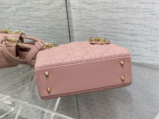 CD Small Lady Di.or Bag Cannage Grained Calfskin Gold Tone Metal Pink