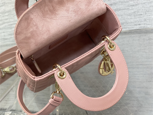 CD Small Lady Di.or Bag Cannage Grained Calfskin Gold Tone Metal Pink